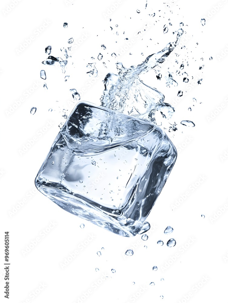 Poster abstract background with a crystal clear ice cube and splashing water droplets creating a dynamic an