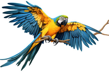 Fototapeta premium A vibrant blue and yellow macaw perched isolated on white background