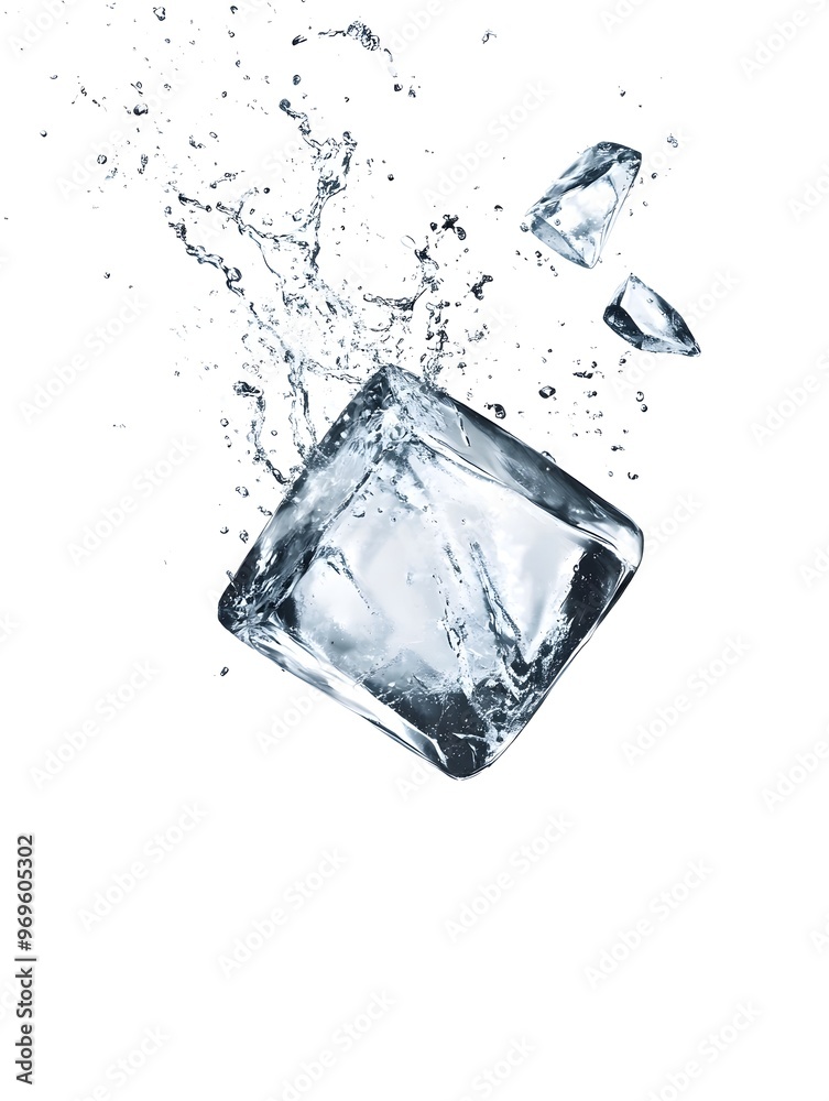 Poster abstract image of a splashing frozen cube of water creating a dynamic icy liquid crystal effect the 