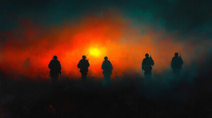 Fototapeta premium Silhouettes of soldiers against a fiery sunset.
