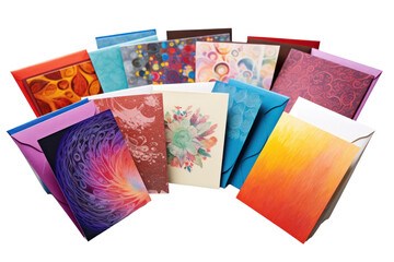 A vibrant assortment of greeting cards displayed isolated on white background