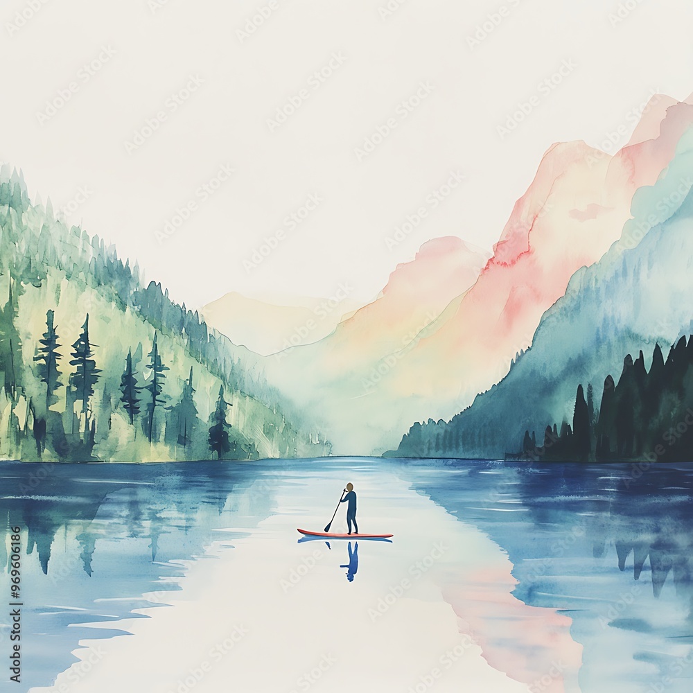 Wall mural Watercolor Painting of a Person Paddle Boarding on a Lake in the Mountains.