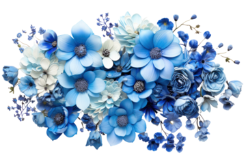 A vibrant arrangement of blue flowers isolated on white background