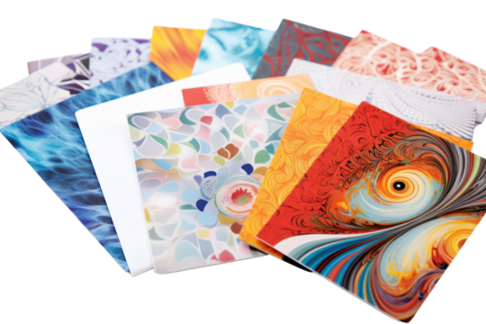 A vibrant assortment of greeting cards displayed isolated on white background