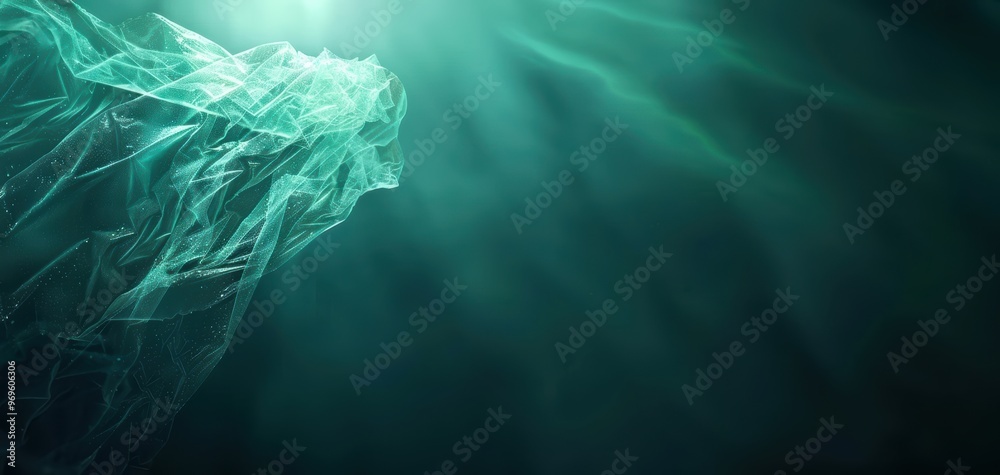 Poster A serene underwater scene with ethereal light rays penetrating dark waters, creating a tranquil and mystical atmosphere.