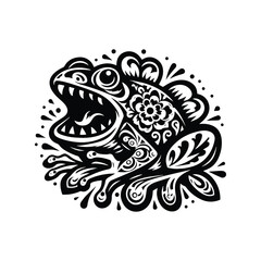 frog in folk art black and white silhouette illustration -