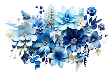 A vibrant arrangement of blue flowers isolated on white background