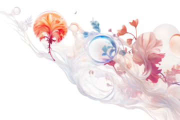 An ethereal soap bubble with detailed flower patterns and glowing edges suspended in the air isolated on white background