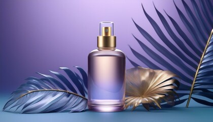 Naklejka premium Elegant glass bottle, surrounded by tropical leaves and on a purple background, product display