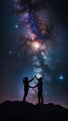 Silhouettes of two figures reaching out to touch hands across a galaxy, surrounded by glowing heart-shaped stars and cosmic dust.