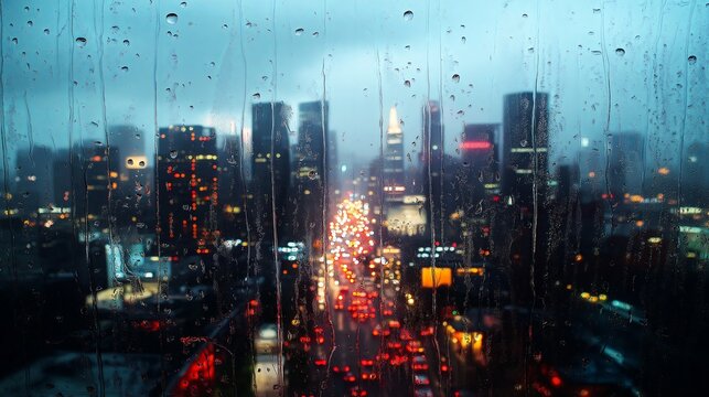 Fototapeta A city skyline as seen through a rain-splattered window