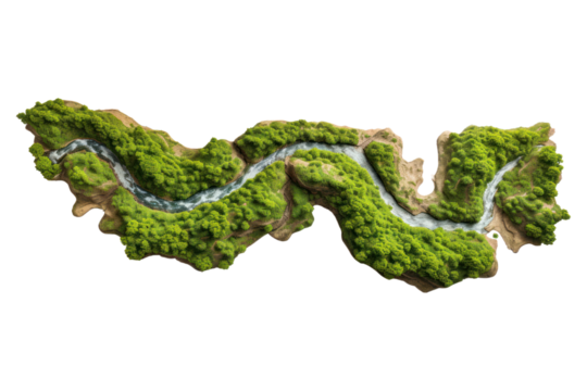 A top-down view of a winding river isolated on white background