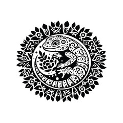 Obraz premium Gecko in folk art black and white silhouette illustration -