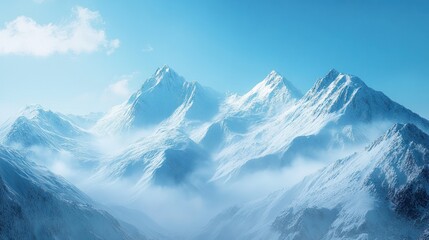 Fototapeta premium Majestic Snowy Mountain Peaks With Fog In The Valley