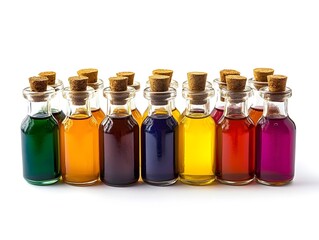 Assortment of Colorful Glass Bottles Filled with Different Liquids Such as Oil Vinegar and Other Cooking Ingredients Arranged on a White Background
