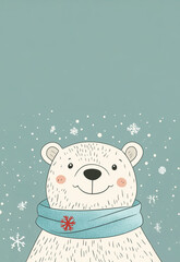 A drawing of a polar bear wearing a blue scarf, with snowflakes in the background