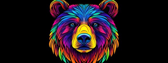 Colorful bear head vector graphic on a black background, with colorful rainbow gradients