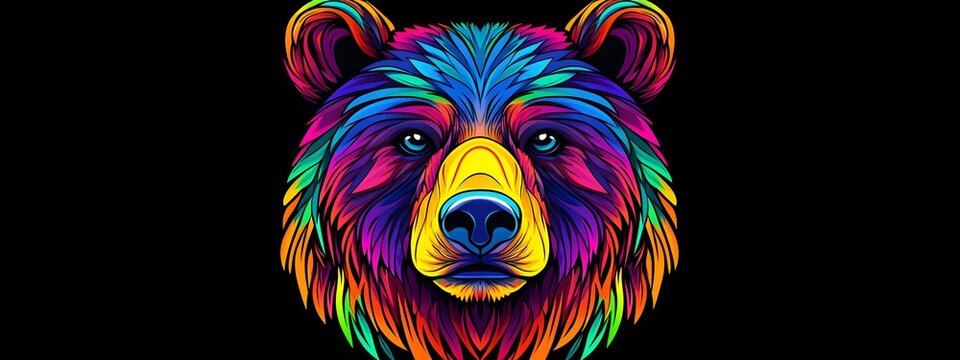 Colorful bear head vector graphic on a black background, with colorful rainbow gradients