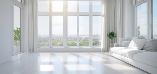 Fototapeta premium Bright and airy living room with large windows, white walls, and minimalist decor, perfect for serene relaxation and modern living.
