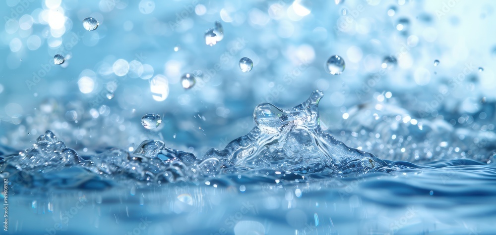 Poster bright blue water droplets splash beautifully, creating a dynamic scene that captures the essence of
