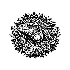 Iguana in folk art black and white silhouette illustration -