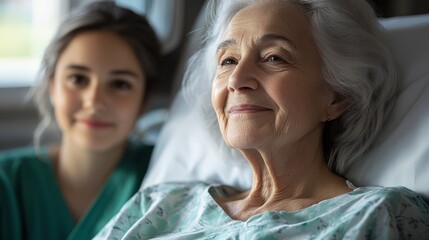 An elderly woman resting in a hospital bed with a smiling caregiver in the background, representing care, compassion, and the importance of elderly healthcare support.