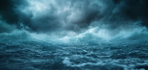 Obraz premium Dramatic ocean waves under a stormy sky, showcasing the power and beauty of nature in turbulent weather.