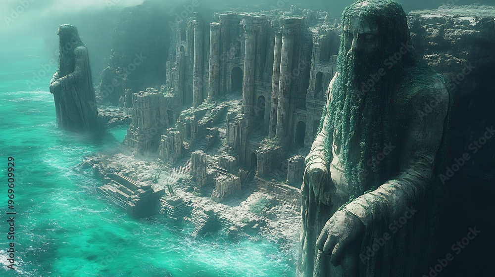 Canvas Prints vector design of an ancient sunken city with tall intricate ruins and mysterious overgrown statues a