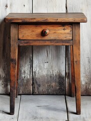 Beautifully Crafted Rustic Wooden Side Table with a Single Drawer Isolated on a Clean White Background for a Minimalist Modern or Vintage Inspired Home Decor
