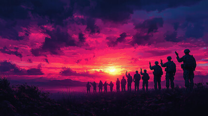 Silhouettes of soldiers stand in formation against a vibrant sunset.