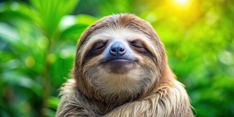 Naklejka premium A cute sloth sitting in a meditative pose with closed eyes , Meditation, Relaxation, Animal, Zen, Calm, Peaceful