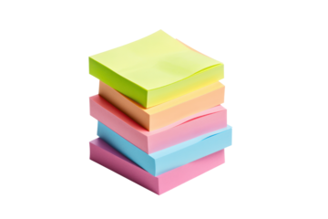 A stack of colorful sticky notes arranged in a scattered pile isolated on white background