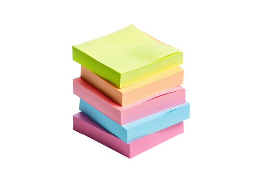 A stack of colorful sticky notes arranged in a scattered pile isolated on white background