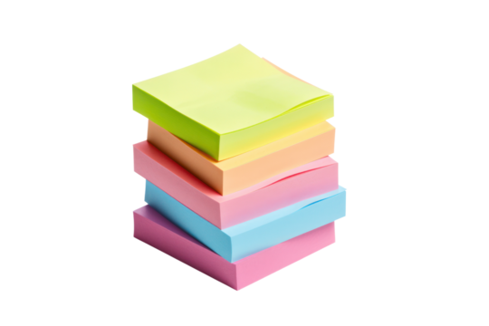 A stack of colorful sticky notes arranged in a scattered pile isolated on white background