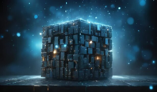 Abstract Tech Cube with Blue and Gold Lights
