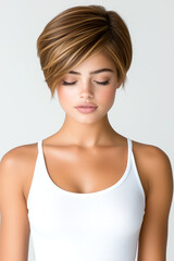 Fototapeta premium A woman with a short brown and blonde hair is wearing a white tank top. She is looking at the camera with a calm expression