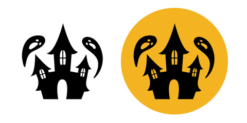 Haunted house. Silhouette of an abandoned castle and ghosts flying around it. Illustration for halloween.
