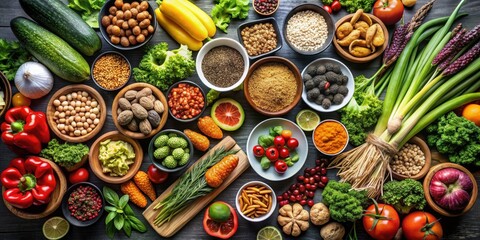 Fototapeta premium Close up of a variety of clean and healthy food options displayed on a shiny black table background