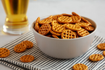 Organic Dry Waffle Pretzels in a Bowl, side view.