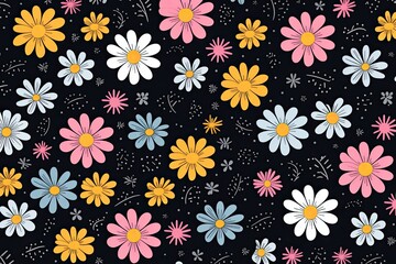 Cute seamless pattern with colorful crayon daisy flowers. 