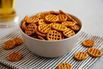 Organic Dry Waffle Pretzels in a Bowl, side view.