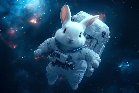 A cute rabbit in a spacesuit floating through a colorful cosmic background.