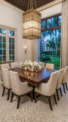 Obraz premium The dining area features modern Japanese furniture, an oval pendant light, and warm indoor lighting, creating an inviting atmosphere with trees visible outside