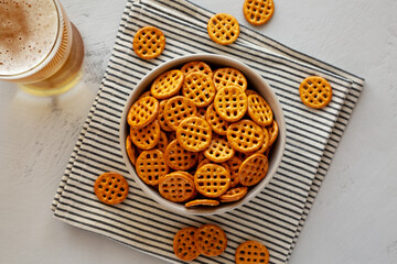 Organic Dry Waffle Pretzels in a Bowl, top view.