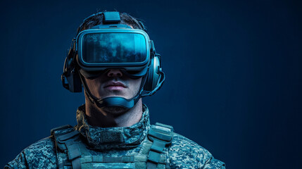 A soldier wearing VR headset against a blue background.