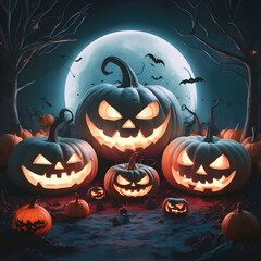 Free Photo Halloween pumpkin bats horror background in night moon generative ai 