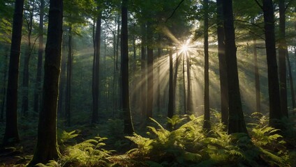 Sunlight streaming through dense trees, illuminating the forest floor.
