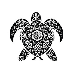 sea turtle in folk art black and white silhouette illustration -