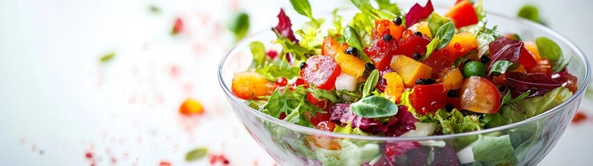 Vibrant Garden Salad Bowl, a colorful assortment of fresh vegetables and greens arranged artfully in a clear bowl, set against a crisp white background for a clean presentation.