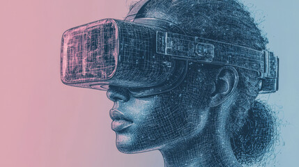 Woman wearing VR headset, exploring the digital world.